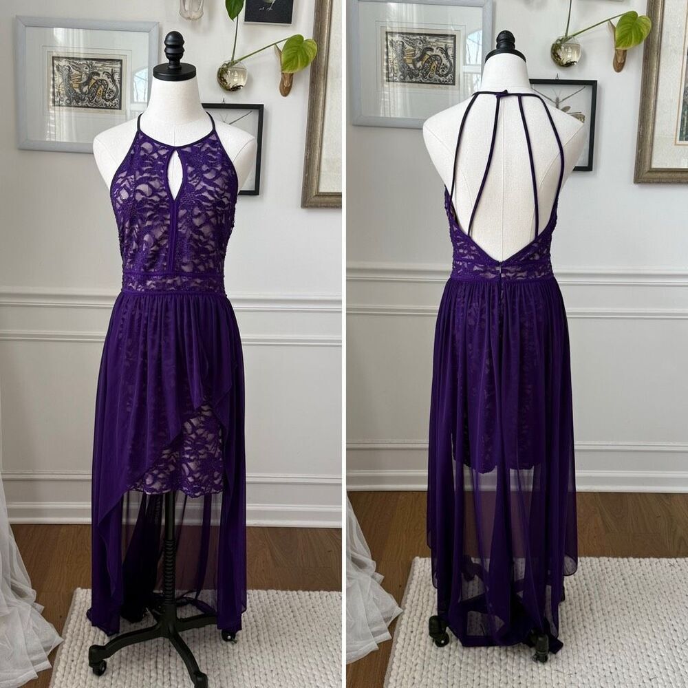 Morgan & Co. Keyhole High Low Purple Open Back Dress 11 12 M